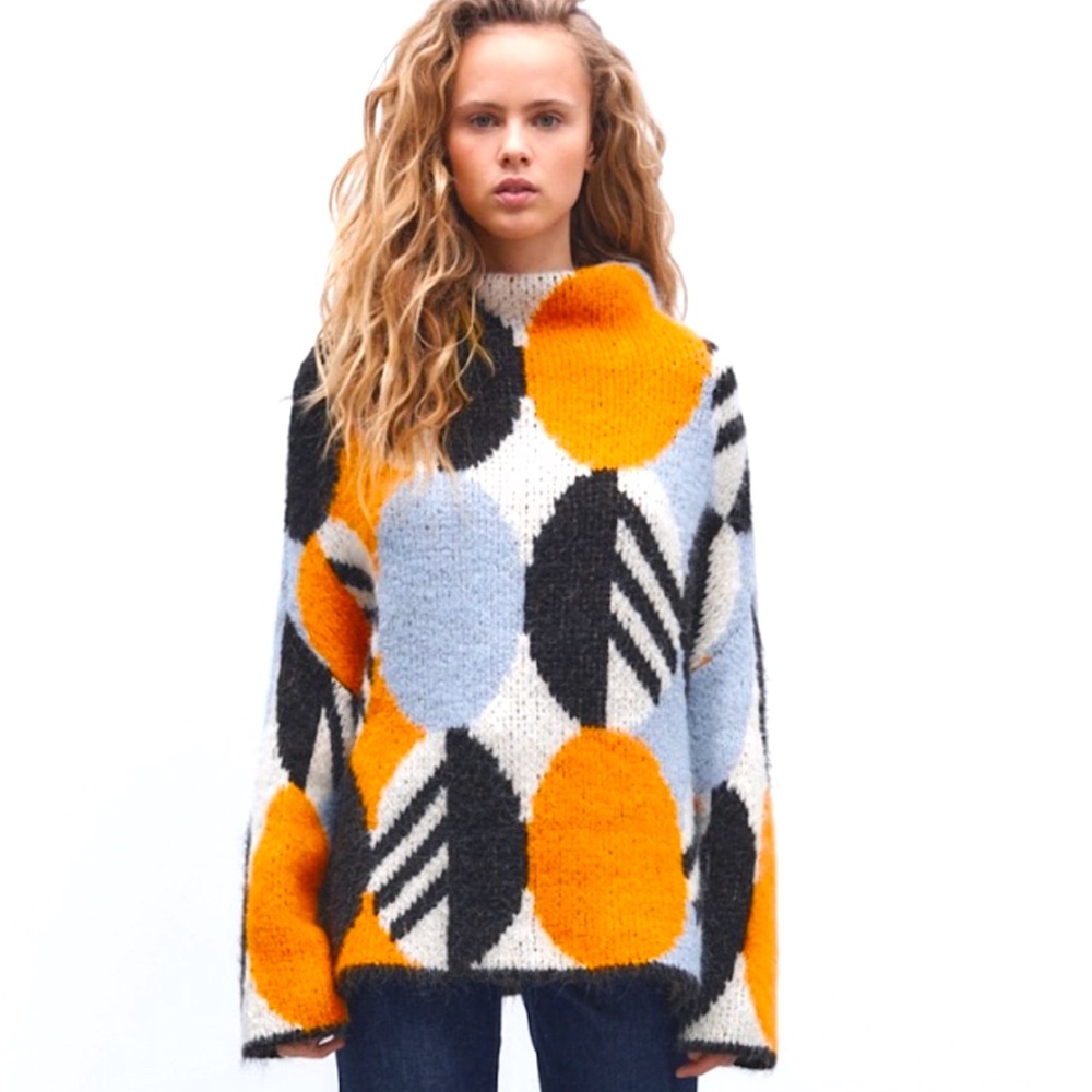 NWT Zara Art Inspired Sweater Oversized Botanical Leaf Graphic Geometric Size M
